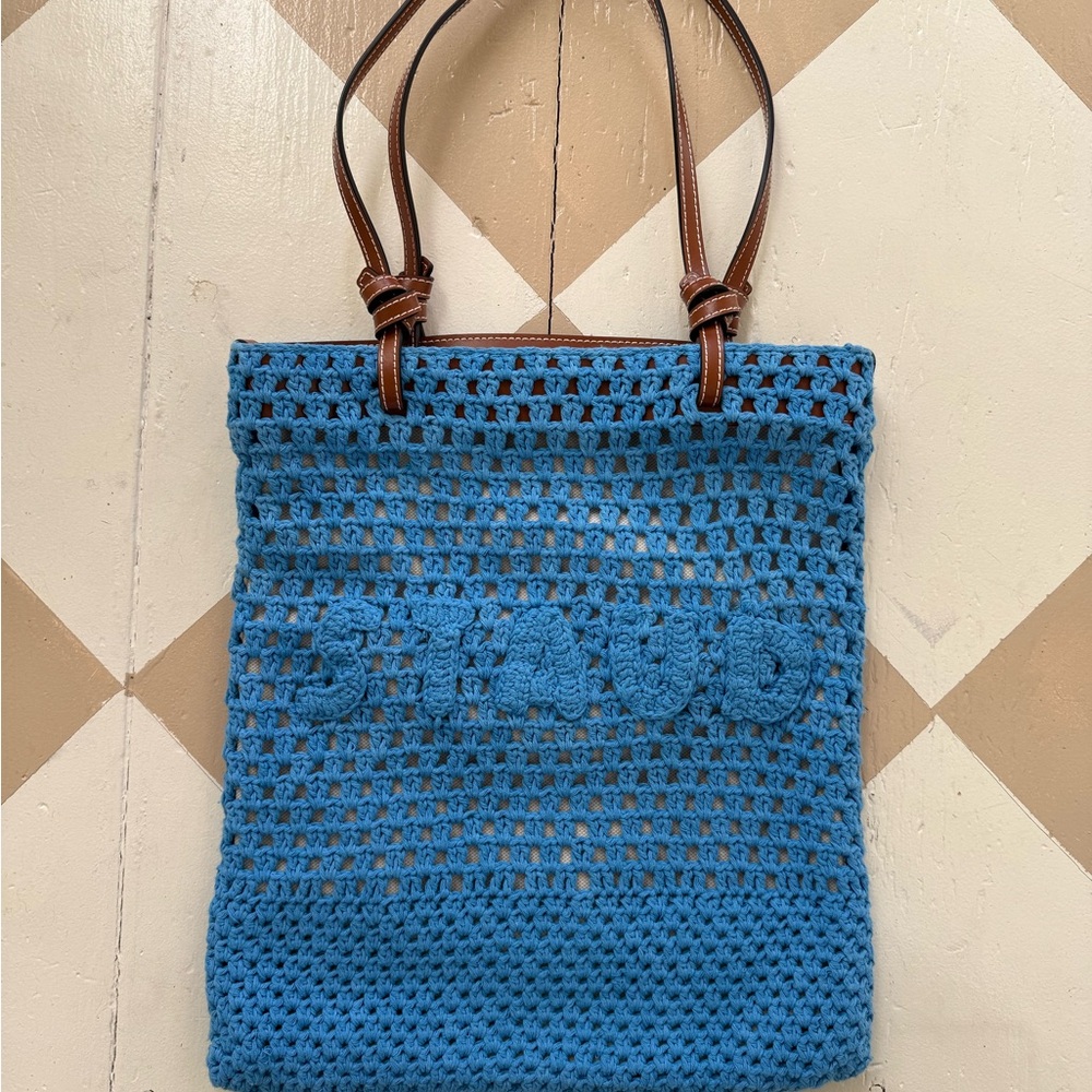 STAUD Blue Crochet Tote Bag